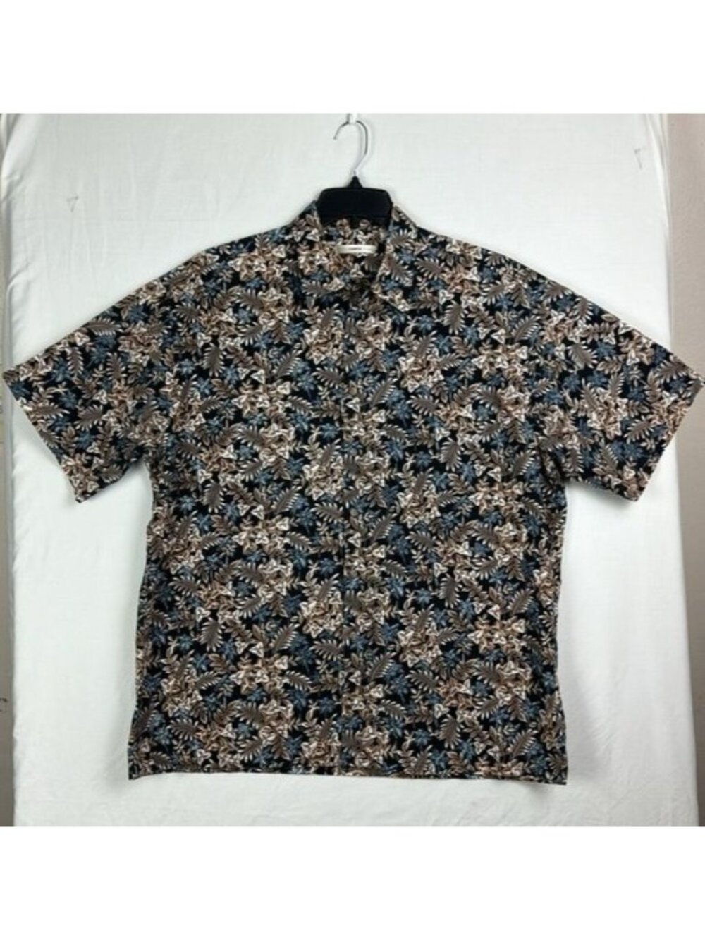 Moda Campia Floral Hawaiian Full Button Shirt Men's XL blue tan brown cotton